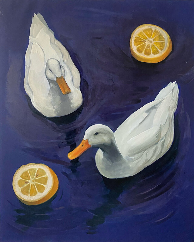 Oljemålning Ankorna och citronen av Ludvig Sjövik