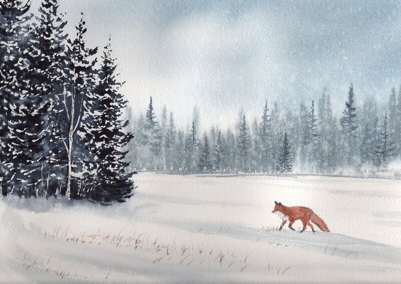 Akvarell Räv I vinterlandskap II av Lotta Andersson