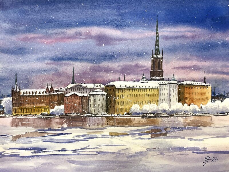 Akvarell Sagolik Stockholm av Tanya Lundmark
