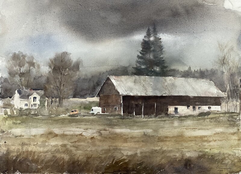 Akvarell Gård i november grått av Jony Eriksson