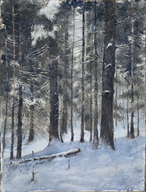 Akvarell Skog i snö Hummelmora. av Jony Eriksson