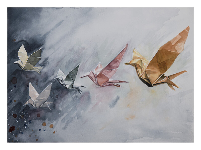 Akvarell Origamifåglar av Mattias Norén