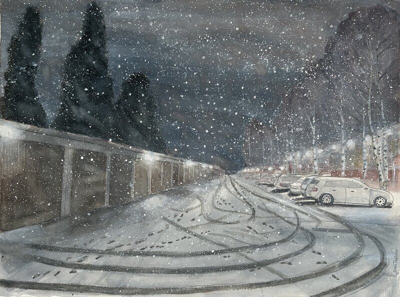 Akvarell Snöfall över parkeringen av Sven Teglund