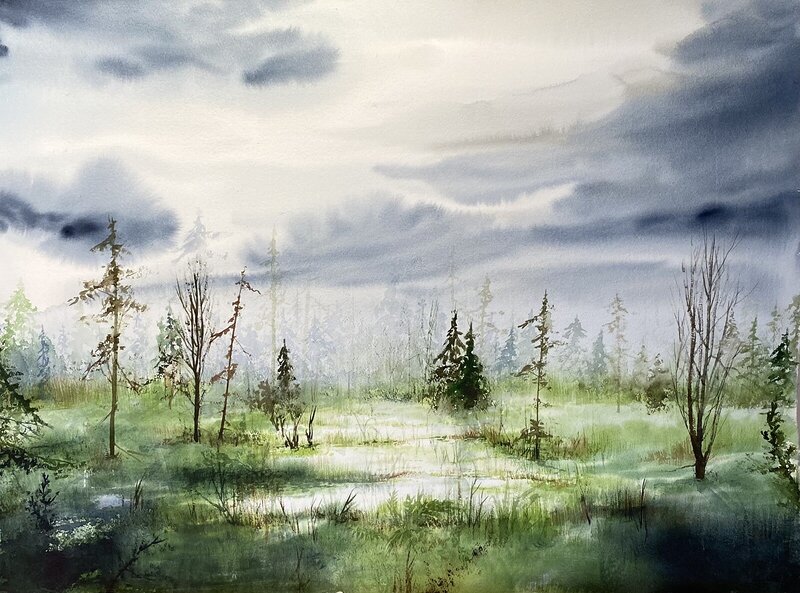Akvarell Sommarskog av Emelie Klockarås