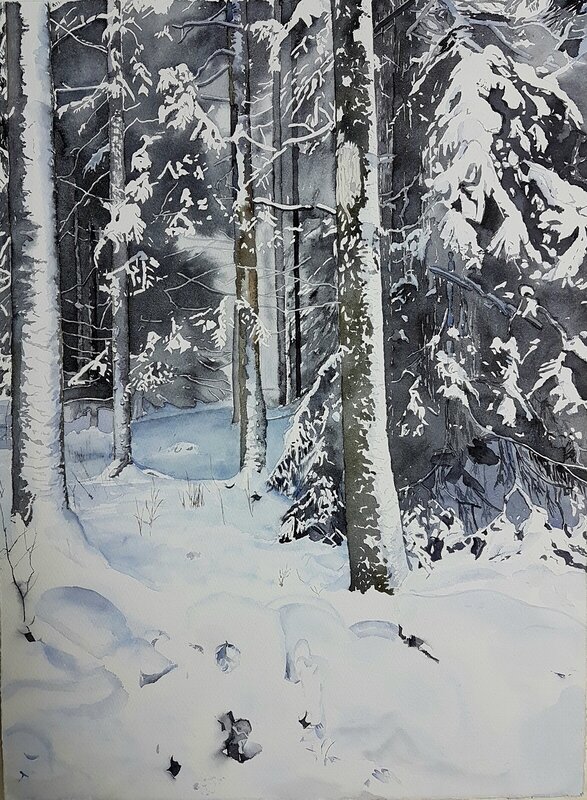 Akvarell Snöskog av Marietta Larsen