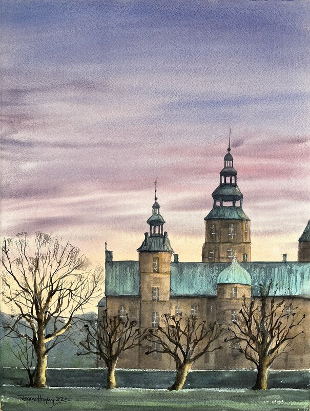 Akvarell Rosenborg slot at sunset av Emma Hagberg
