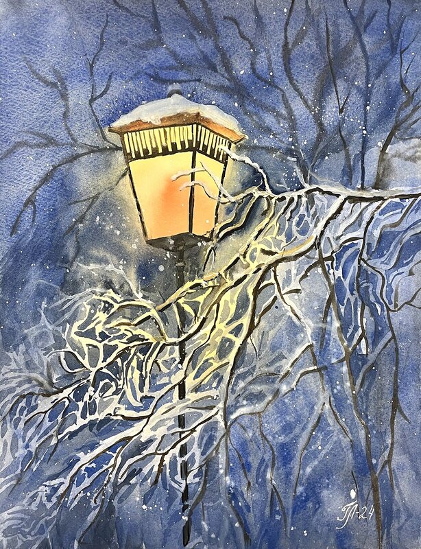 Akvarell Lykta i snö av Tanya Lundmark