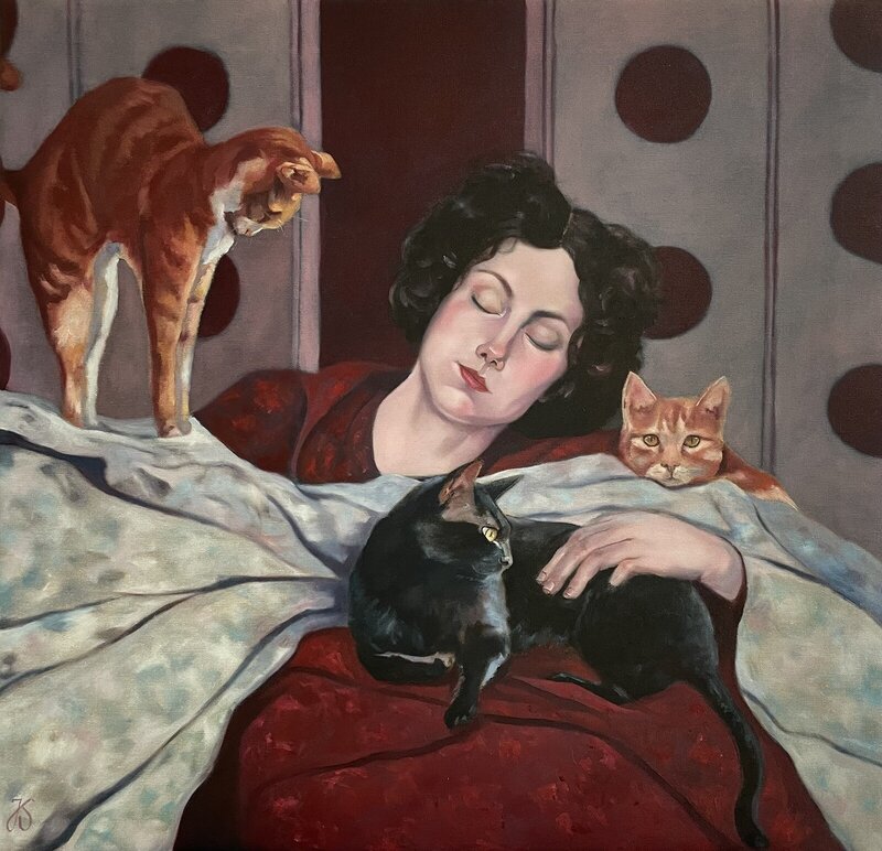 Oljemålning Cat lady av Jenny Söderlund