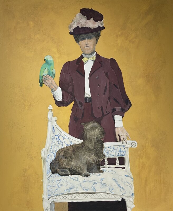 Akrylmålning Kvinna med hund och papegoja av Maria Lundgren