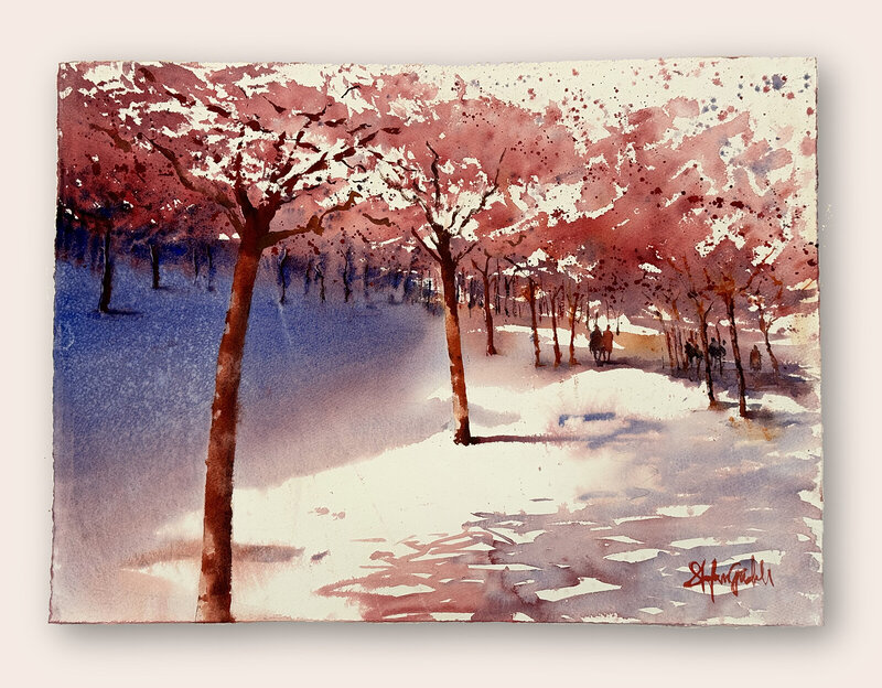 Akvarell Kungsträdgårdens Körsbärsträd av Stefan Gadnell