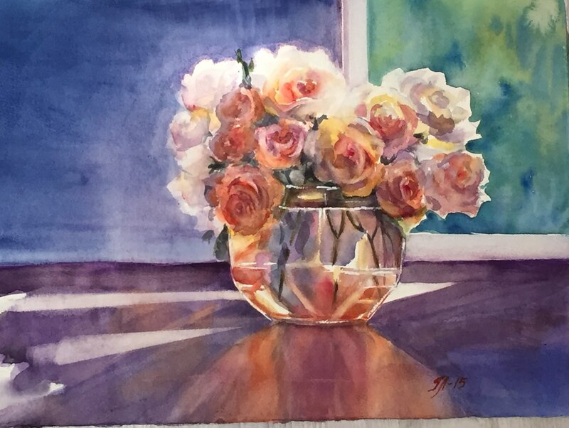 Akvarell Rosor i motljus av Tanya Lundmark