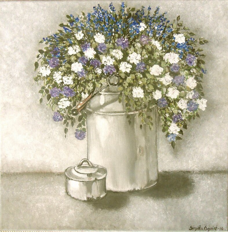 Akrylmålning Mjölkkruka med blomster av Birgitta Öqvist