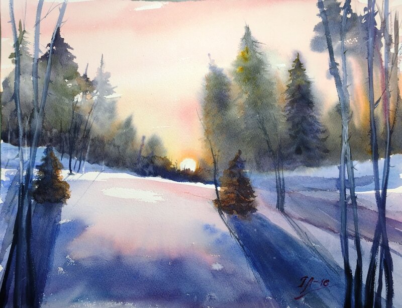 Akvarell Vintersolnedgång av Tanya Lundmark