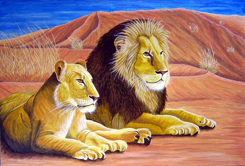 Akrylmålning Lejon i Kalahariöknen av Gösta Lindunger