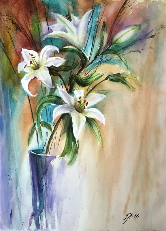 Akvarell Vita liljor av Tanya Lundmark
