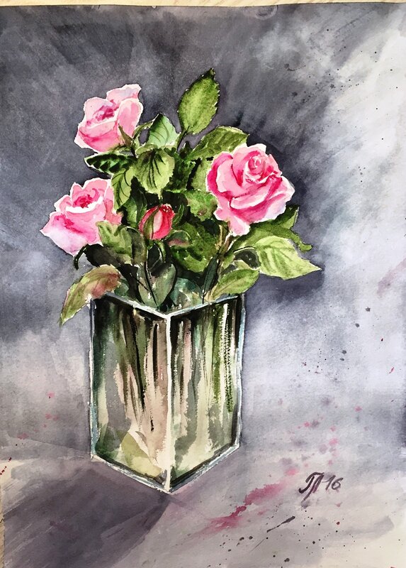 Akvarell Rosor i vas av Tanya Lundmark