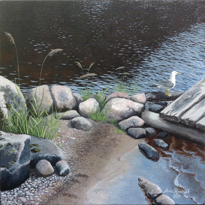 Akrylmålning Fiskmås spanar ut över vattnet av Anna Rönnbäck