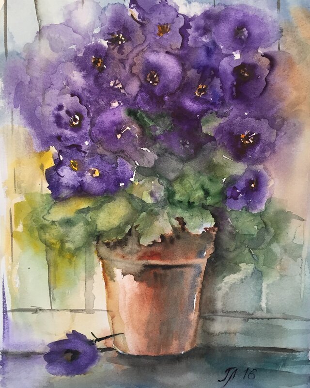 Akvarell Petunia pot av Tanya Lundmark
