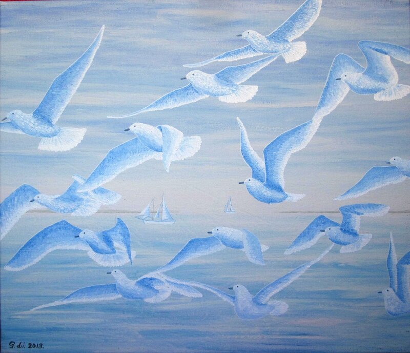 Akrylmålning Fåglar i det blå av Gösta Lindunger