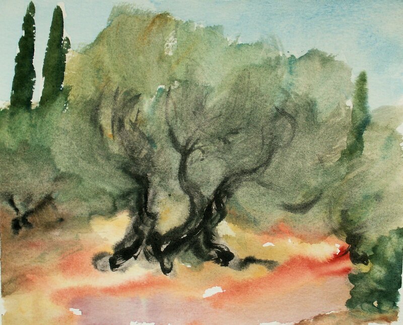 Akvarell I olivlunden av Gunilla Iversen