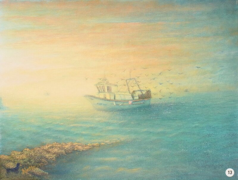 Oljemålning Fiskebåt i gryningen - Marbella av Natale Orlich
