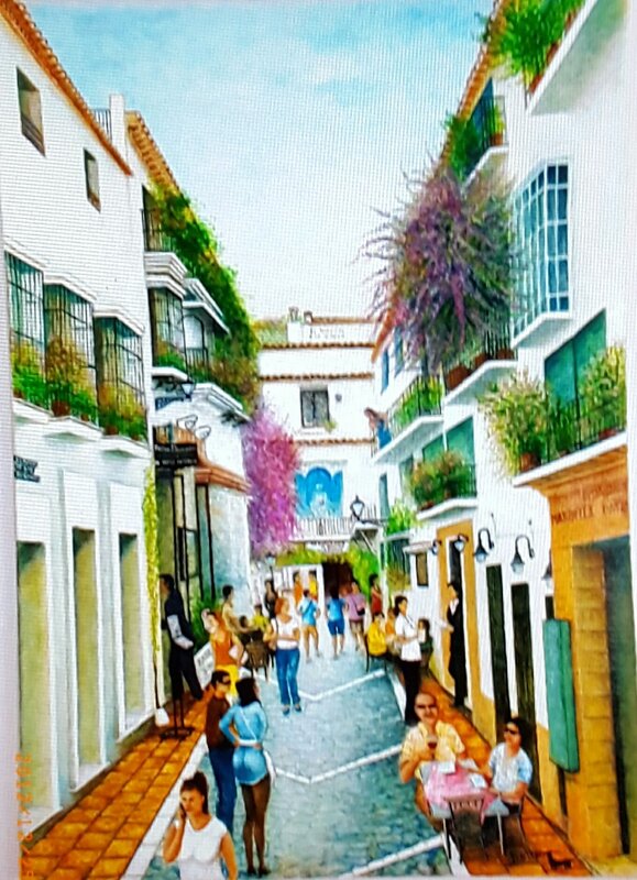 Oljemålning Calle Virgin de los Dolores - Marbella av Natale Orlich