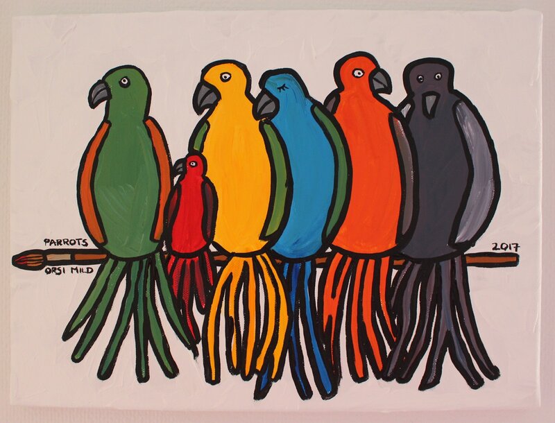 Akrylmålning Parrots av Orsi Mild