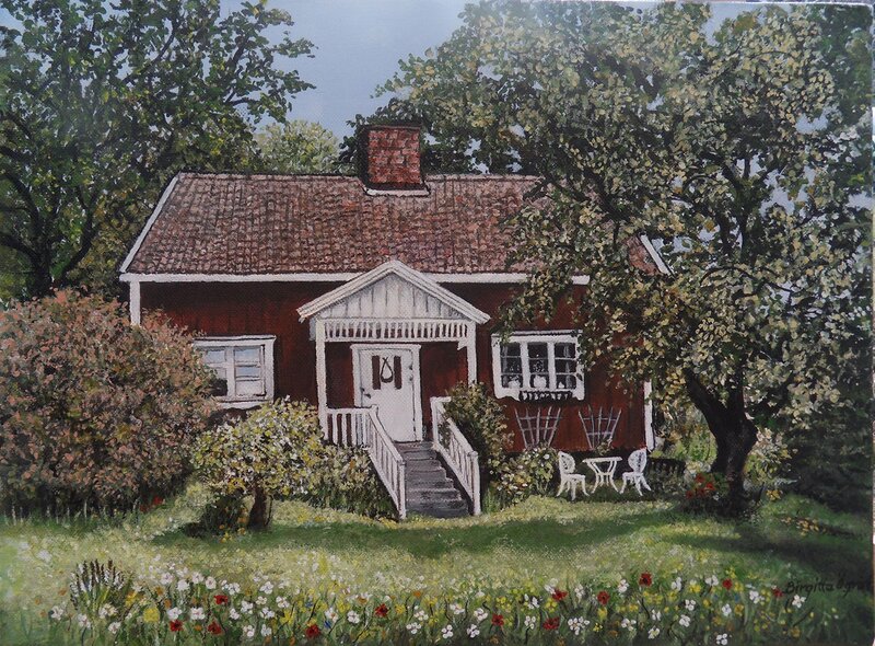 Akrylmålning Sommartorp av Birgitta Öqvist