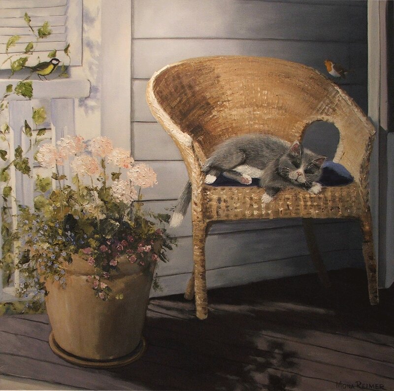 Akrylmålning Katt i korgstol. av Mona Reimer