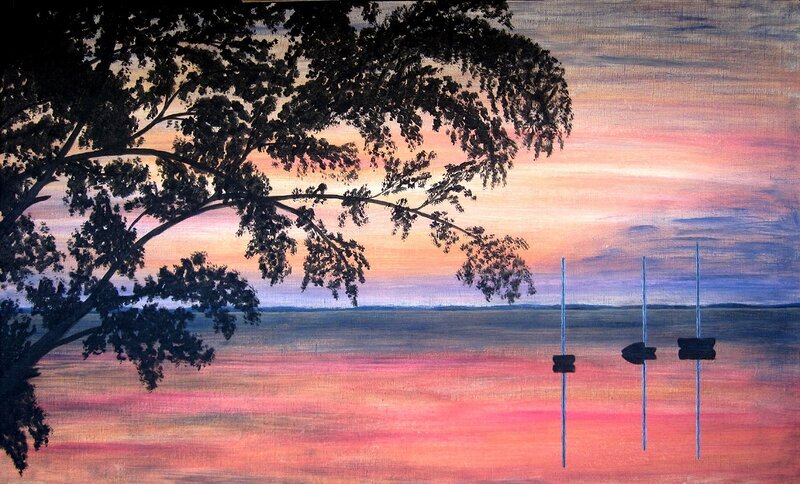 Akrylmålning Gryning över sjön av Gösta Lindunger