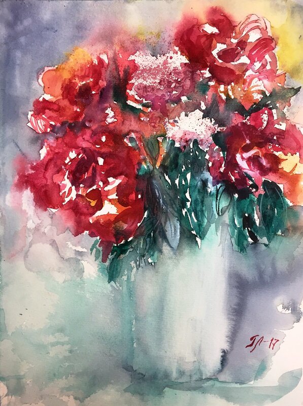 Akvarell Röda blommor av Tanya Lundmark