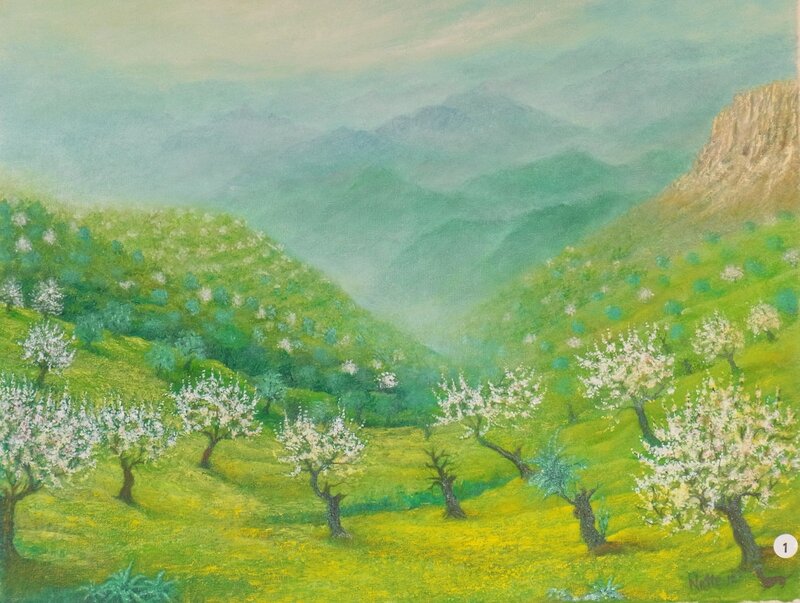 Oljemålning Almond & Olives Trees - Los Tajos, Andalucia av Natale Orlich