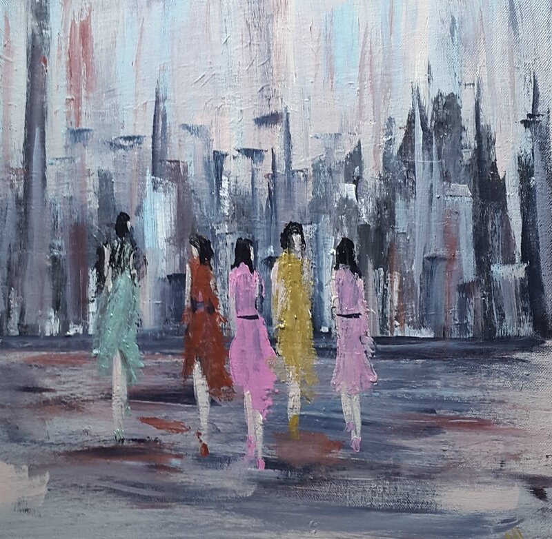 Akrylmålning Kvinnor i staden av Monika Lenander