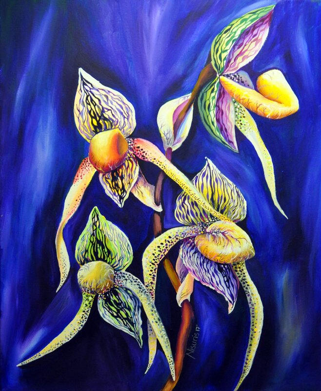 Akrylmålning Orchid - The Paphiopedilum , known as Lady's Slipper av Sonia Chivarar