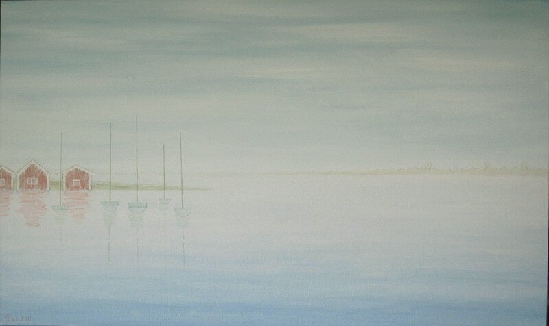 Akrylmålning Segelbåtar av Gösta Lindunger
