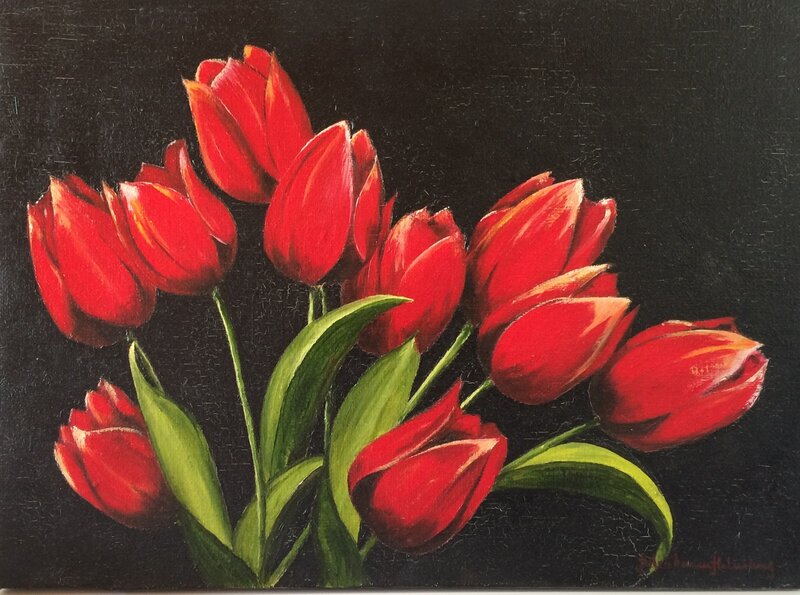 Oljemålning En bukett med röda tulpaner av Helen Boreson Holmberg