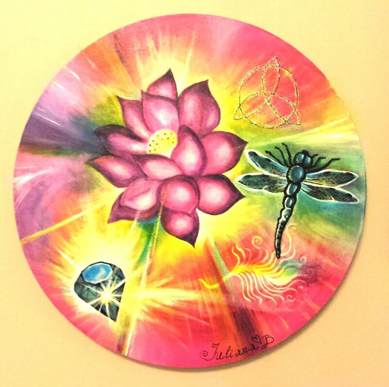 Akrylmålning Lotus blomma, diamant och trollslända av Juliana Boneva