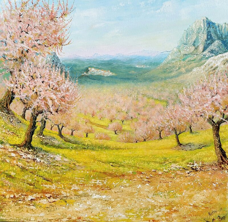 Oljemålning Almond Blossom in Andalusia / Flor de Almendro en Andalucía av Natale Orlich