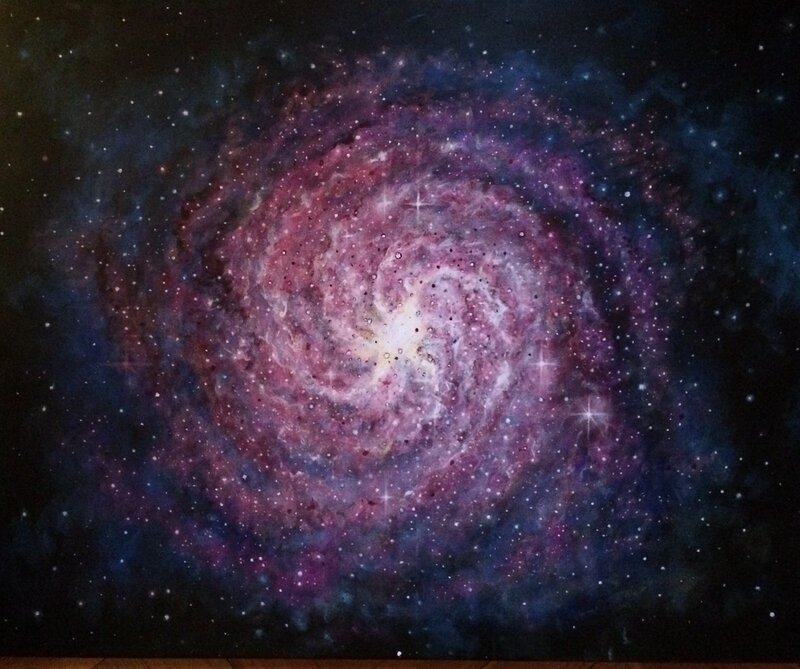 Akrylmålning Röd Spiralgalax av Frida Åstrand