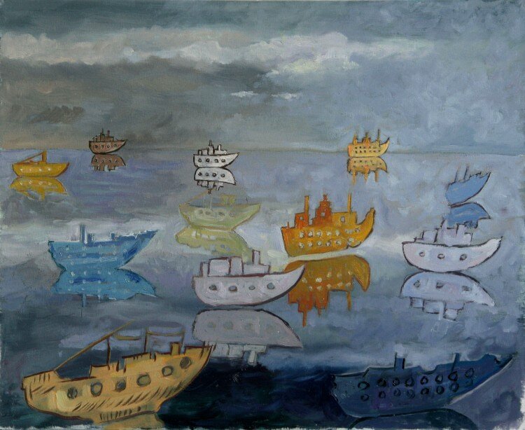 Oljemålning Pappersbåtar 2 av Sebastian Marquez