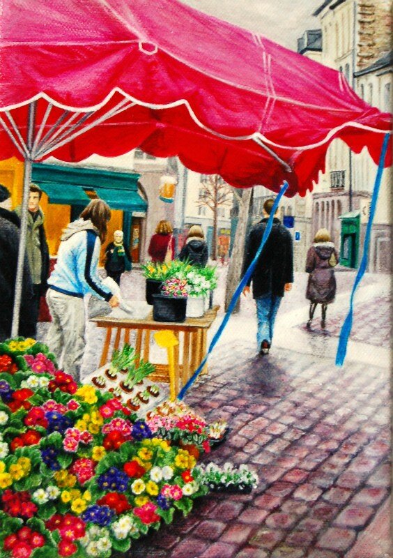 Akrylmålning Blomstermarknarden i Rennes av Chie Shirafuji