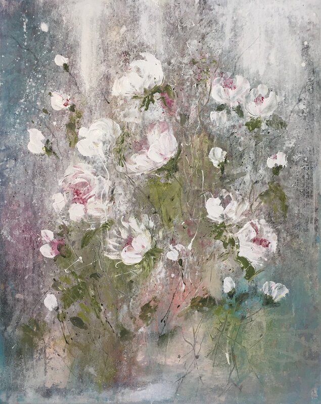 Akrylmålning White wild roses av Annette MA Stocker