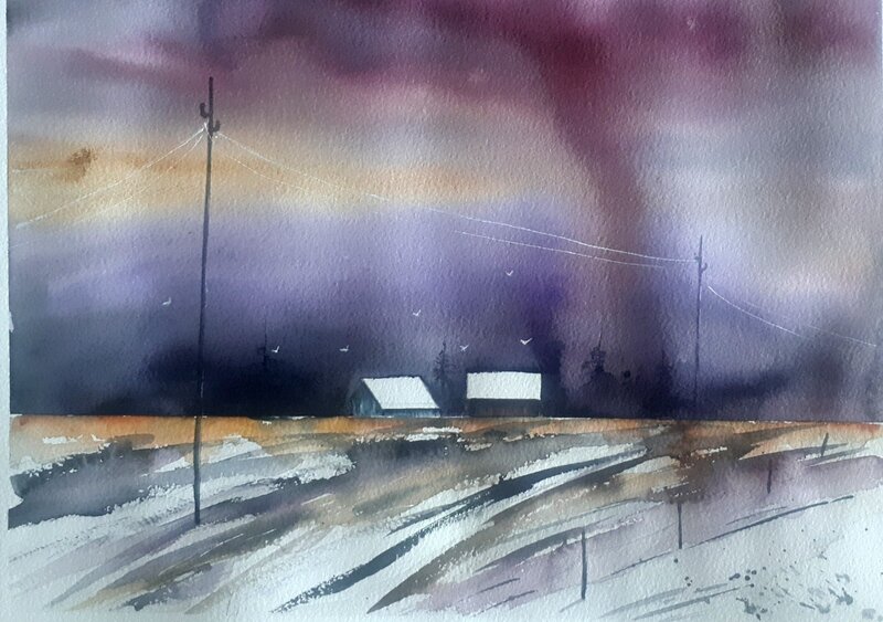 Akvarell Purple Morning av Pernilla Carlsson