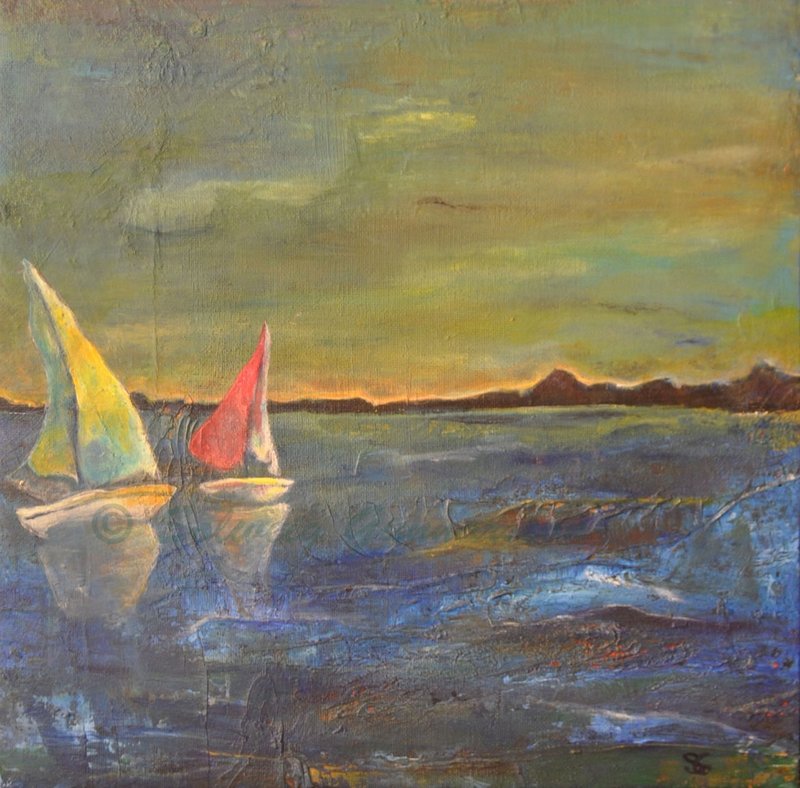 Akrylmålning Båtliv I av Solweig Gunnarsson