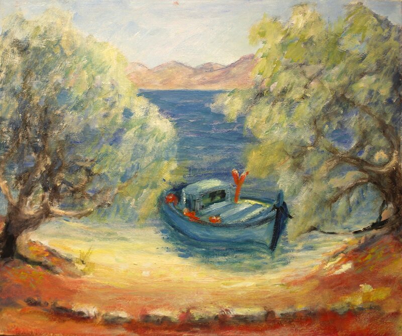 Oljemålning Båten i Mavrona av Gunilla Iversen