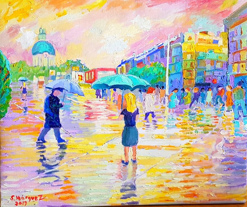 Oljemålning Regn vid Odenplan i Stockholm Oljemålning av Sebastian Marquez