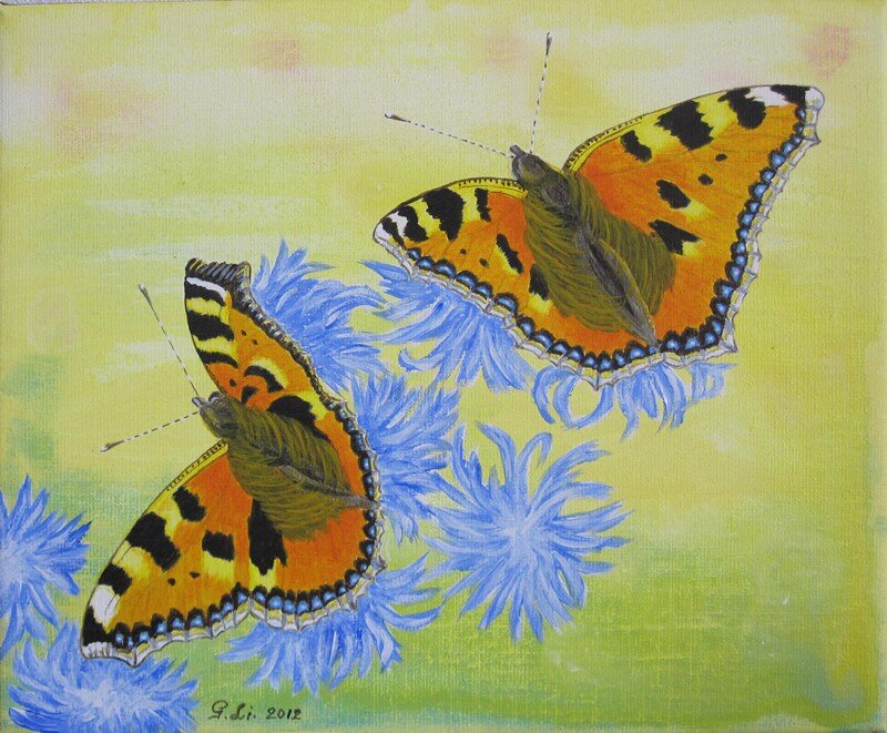 Akrylmålning Nässelfjärilar av Gösta Lindunger