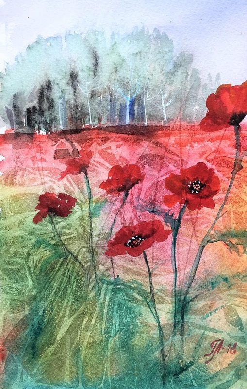 Akvarell Poppy field av Tanya Lundmark