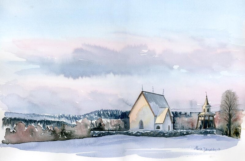 Akvarell Överlännäs kyrka av Maria Tjärnström