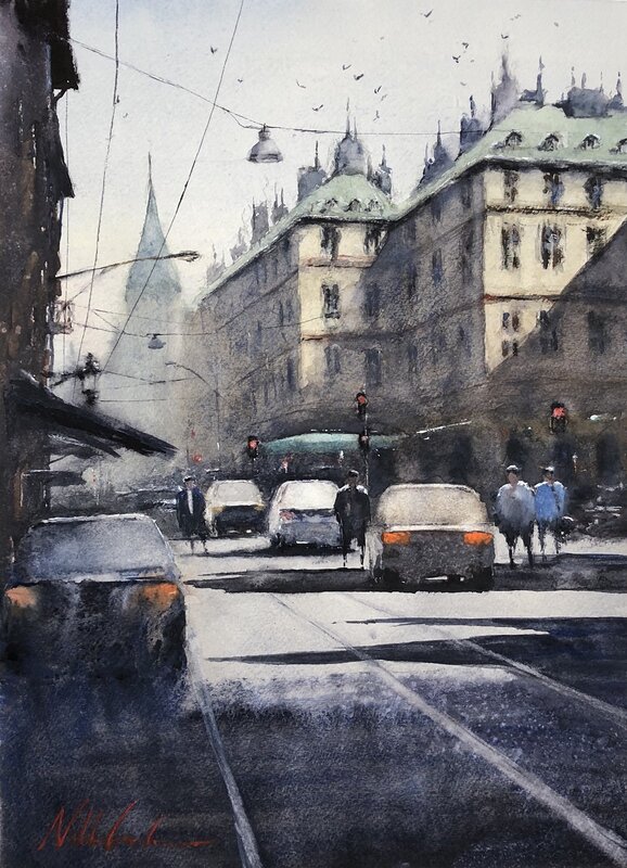 Akvarell Stad av Niklas Gustafsson